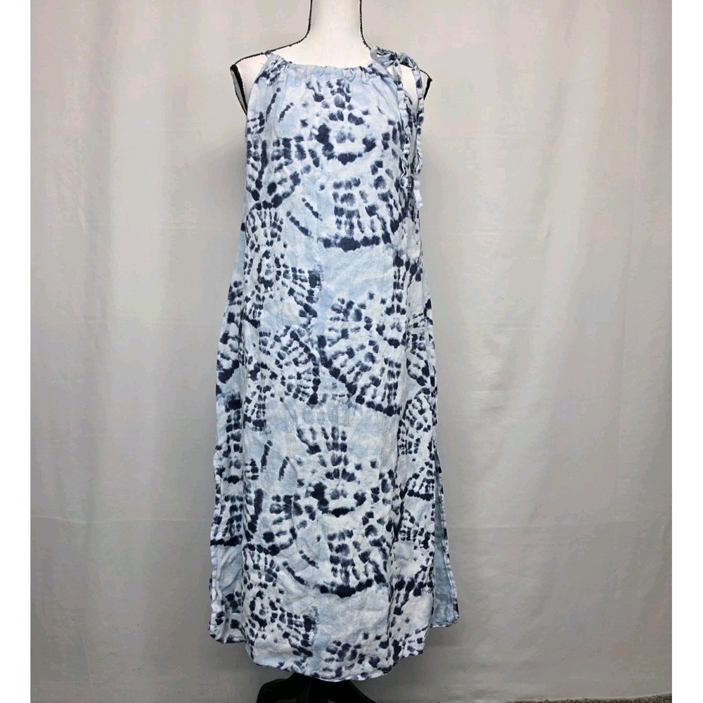 Bellambia Linen Halter Sundress Size Medium Blue Tie Dye Boho Coastal Beach 3376